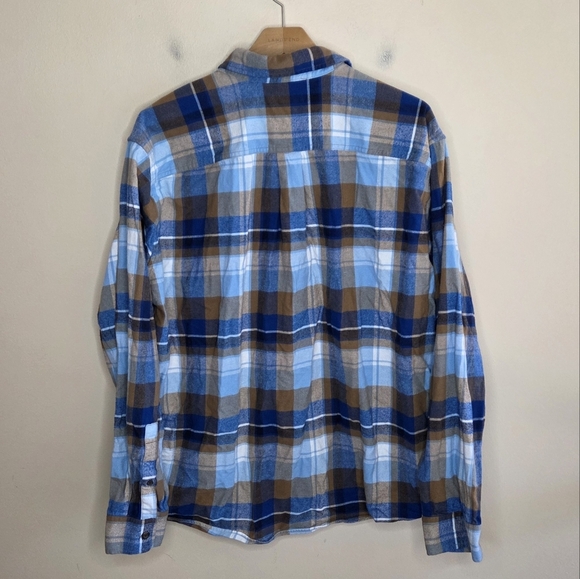 Eddie Bauer | Blue & Tan Plaid Flannel Button Down Shirt Size XL 100% Cotton - Picture 5 of 6